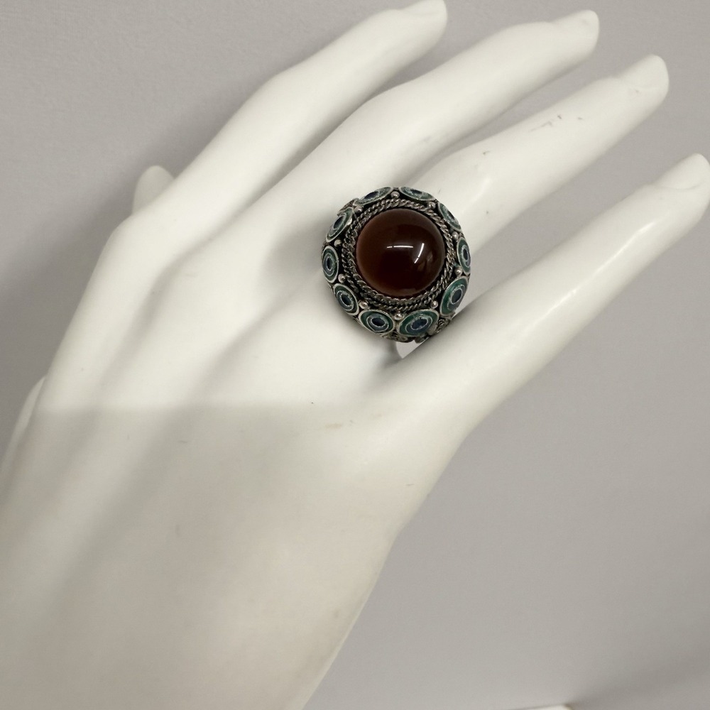 Vintage Chinese Export Sterling Filigree Enamel Carnelian Ring by BJ Size 7